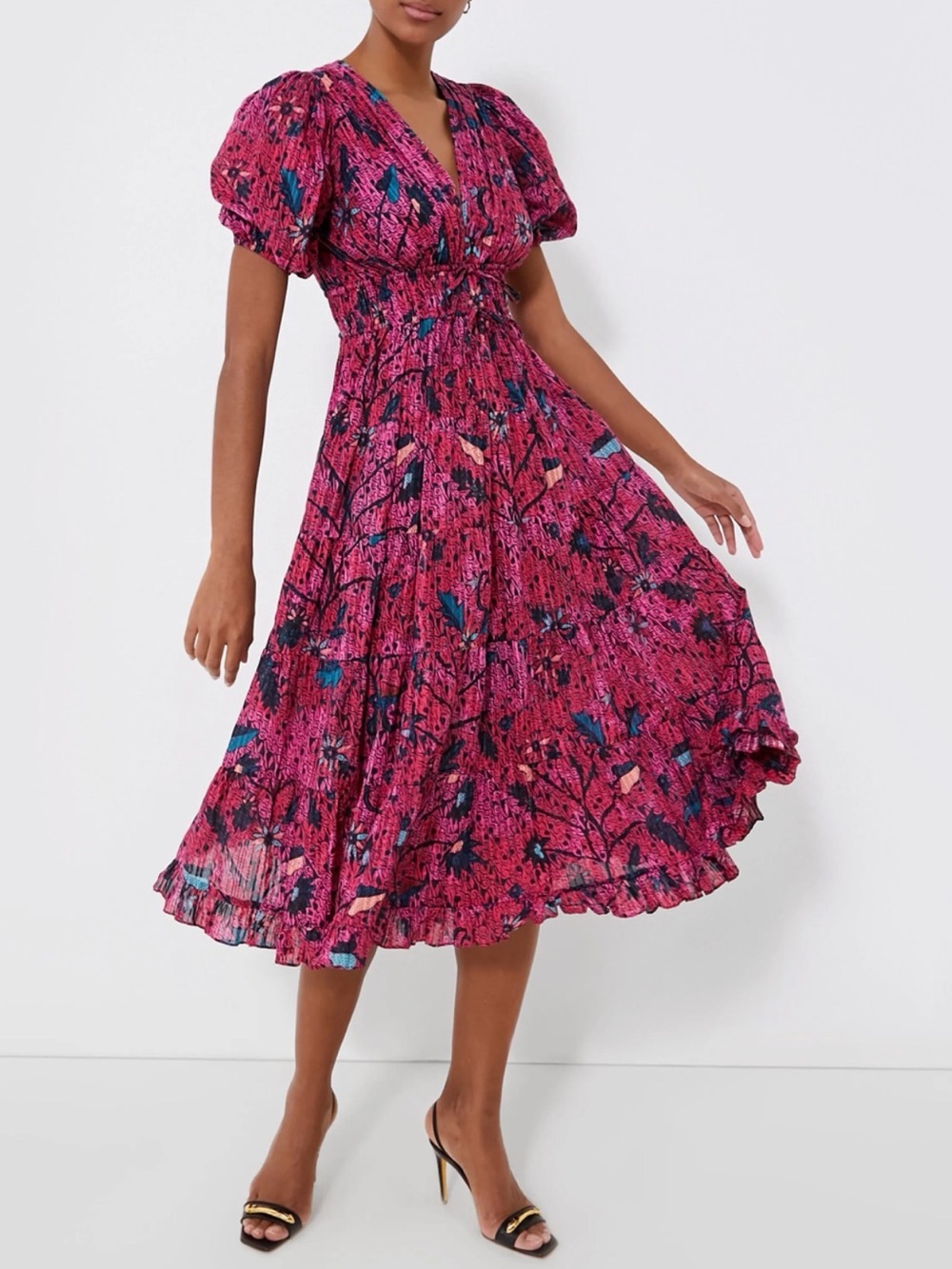 ULLA JOHNSON Thelma Tiered Puff-Sleeve Midi Dress pink printed sz 8